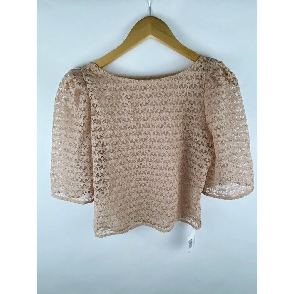 American Apparel‎ Puff Sleeve Blouse Tan Half Moon Lace S New Women - Picture 2 of 4